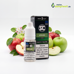 Apfelmix E-Zigaretten Liquid Flasche und Verpackung vor einem Arrangement aus frischen Äpfeln.