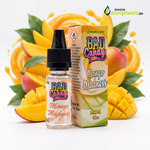 Bad Candy Mango Madness Aroma in einer 10 ml Flasche mit Verpackung vor frischen Mangostücken.
