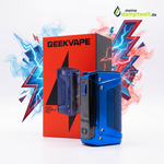 Blauer GeekVape Aegis Legend 5 Akkuträger vor seiner roten Originalverpackung mit Blitzeffekten.