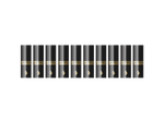 Zehn schwarze JustFog GLENT Filter Drip Tips mit goldenem Logo in einer Reihe angeordnet.