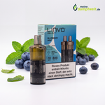 Zwei Linvo Pod Lite Plus Cartridges in der Sorte Blueberry Mint mit Blaubeeren und Minzblättern.