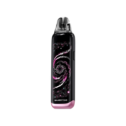 Schwarzes E-Zigaretten-Set mit Galaxy-Design und rosa Akzenten.