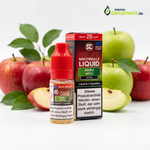 SC Red Line Double Apple Nikotinsalz Liquid Flasche und Packung vor roten und grünen Äpfeln.
