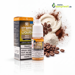 SC White Coffee Hybrid Nikotinsalz Liquid Flasche und Packung mit Kaffeebohnen und Milchschaum.