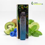 Uwell Caliburn G4 Mini E-Zigaretten Set in Blau vor Verpackung mit Früchten und Minze.
