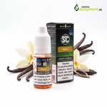 SC Vanille E-Zigaretten Liquid in einer 10ml Flasche mit Verpackung und Vanilleschoten.