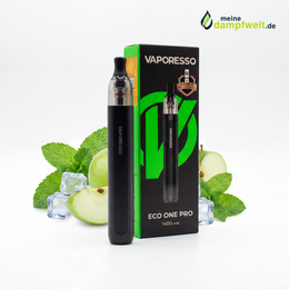 Vaporesso ECO One Pro E-Zigaretten Set in Schwarz vor einer Verpackung mit Apfel- und Minz-Dekor.