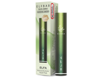 Elfbar Elfa Akku in Aurora Green mit 500 mAh Kapazität neben der Originalverpackung.