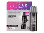 Zwei wiederbefüllbare Elfbar Elfa Turbo 0,8 Ohm Pods neben ihrer weiß-violetten Verpackung.