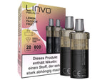 Zwei Linvo Pod Lite Plus Cartridges in der Geschmacksrichtung Lemon Passion Fruit mit Verpackung.