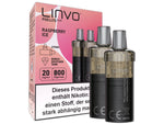 Zwei Linvo Pod Lite Plus Cartridges in der Sorte Raspberry Ice neben ihrer rosa Verpackung.