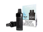 Zwei schwarze Linvo Pod Lite Cartridges neben ihrer weiß-blauen Verpackung mit Warnhinweis.