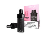 Zwei schwarze Linvo Pod Lite Cartridges neben ihrer rosa-weißen Verpackung in der Sorte Cherry Cola Ice.