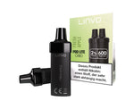Zwei schwarze Linvo Pod Lite Cartridges in der Geschmacksrichtung Fresh Apple neben ihrer Verpackung.