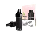 Zwei schwarze Linvo Pod Lite Cartridges neben ihrer weiß-rosa Verpackung mit Warnhinweis.