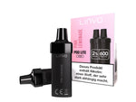 Zwei schwarze Linvo Pod Lite Cartridges neben ihrer rosa Verpackung in der Sorte Pink Lemonade.