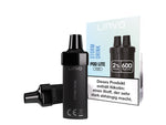 Zwei schwarze Linvo Pod Lite Cartridges neben ihrer hellblauen Verpackung mit Warnhinweis.