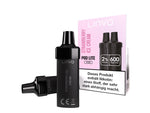 Zwei schwarze Linvo Pod Lite Cartridges neben ihrer rosa Verpackung mit Erdbeer-Eiscreme-Motiv.