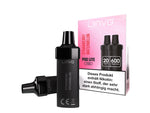 Zwei schwarze Linvo Pod Lite Cartridges neben ihrer rosa-weißen Verpackung.