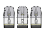 Drei transparente Uwell Caliburn GPP Alpha Ersatzpods mit schwarzer Basis in einer Reihe.