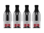 Vier transparente Vaporesso ECO One Mesh T-Pods mit schwarzen Mundstücken und roter Basis.