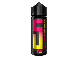 Schwarze 120ml Flasche mit 5EL Cherry Jam Aroma und einem pink-gelben Grafikdesign.