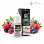 Beerenmix-Fresh E-Zigaretten Liquid Flasche und Packung umgeben von frischen Beeren und Minze.