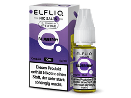ELFLIQ Blueberry Nikotinsalz Liquid in einer 10ml Flasche mit passender lila Verpackung.