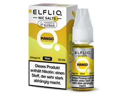 ELFLIQ Mango Nikotinsalz Liquid 10ml 20mg - E-Liquid Flasche mit Verpackung, Powered by Elfbar, 50/50 VG/PG, freigestelltes Produktbild