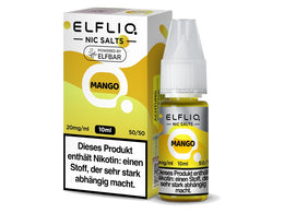 ELFLIQ Mango Nikotinsalz Liquid in einer 10ml Flasche mit passender gelber Verpackung.