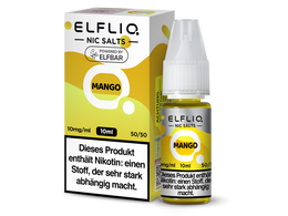 ELFLIQ Mango Nikotinsalz Liquid in einer 10ml Flasche mit passender gelber Verpackung.