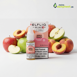 ELFLIQ Apple Peach Nikotinsalz Liquid in einer 10ml Flasche mit Äpfeln und Pfirsichen im Hintergrund.