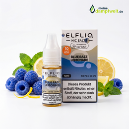 ELFLIQ Blue Razz Lemonade Nikotinsalz Liquid Flasche und Verpackung mit Beeren und Zitronen.