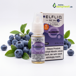 ELFLIQ Blueberry Nikotinsalz Liquid Flasche und Verpackung neben frischen Blaubeeren.