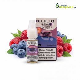 ELFLIQ Blueberry Sour Raspberry Nikotinsalz Liquid mit Flasche, Packung und frischen Beeren.