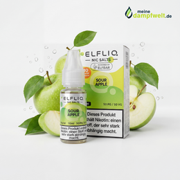 ELFLIQ Sour Apple Nikotinsalz Liquid in einer 10ml Flasche neben grünen Äpfeln und Blättern.