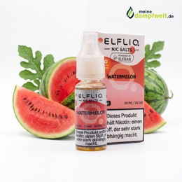 ELFLIQ Watermelon Nikotinsalz Liquid in einer 10ml Flasche neben frischen Wassermelonenstücken.