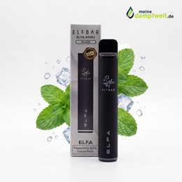 Schwarzer Elfbar Elfa Akku mit Verpackung vor einem Hintergrund aus Minzblättern und Eiswürfeln.