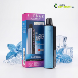 Elfbar Elfa Master Akku in Glacier Blue neben der Verpackung mit Minzblättern und Eiswürfeln.