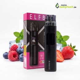 Elfbar Elfa Turbo Pod Kit in Schwarz mit Verpackung, frischen Beeren, Minze und Eiswürfeln.