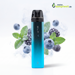 Elfbar Elfx E-Zigaretten Set in Blau mit Beeren und Minze vor weißem Hintergrund.