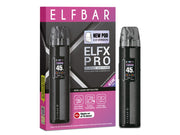 Elfbar Elfx Pro Classic Edition E-Zigaretten Set in Schwarz mit Verpackung und Display-Anzeige.