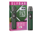 Elfbar Elfx Pro Classic Edition E-Zigaretten Set in Grün mit Verpackung und Display-Anzeige.