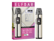 Elfbar Elfx Pro Classic Edition E-Zigaretten Set in Beige mit Verpackung und Farbdisplay.
