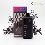 Schwarze Elfbar Max E-Zigarette mit OLED-Display vor ihrer Verpackung und dekorativen Blättern.