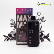 Schwarze Elfbar Max E-Zigarette mit OLED-Display vor ihrer Verpackung und dekorativen Blättern.