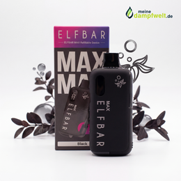 Schwarze Elfbar Max E-Zigarette mit OLED-Display vor ihrer Verpackung und dekorativen Blättern.