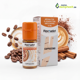 FlavourArt Cappuccino E-Zigaretten Aroma in einer 10 ml Flasche mit passender Umverpackung.