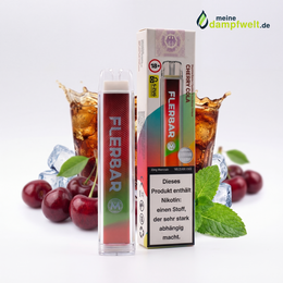 Flerbar Cherry Cola Einweg-E-Zigarette mit Verpackung vor Kirschen, Cola-Gläsern und Minze.