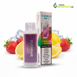 Flerbar Pod Strawberry Lemonade mit Verpackung vor Erdbeeren, Zitronen und Eiswürfeln.